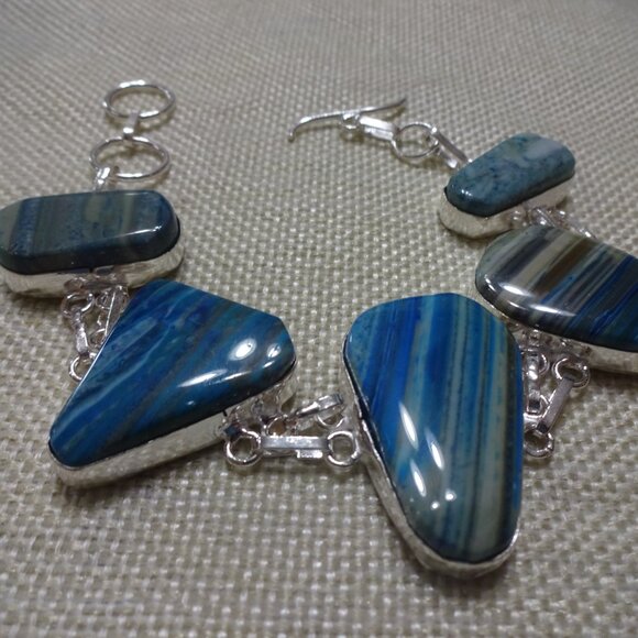 Gorgeous BLUE DENDRITE OPAL Handmade Sterling 925 Bracelet Size 7 1/2" #128C - Picture 3 of 3